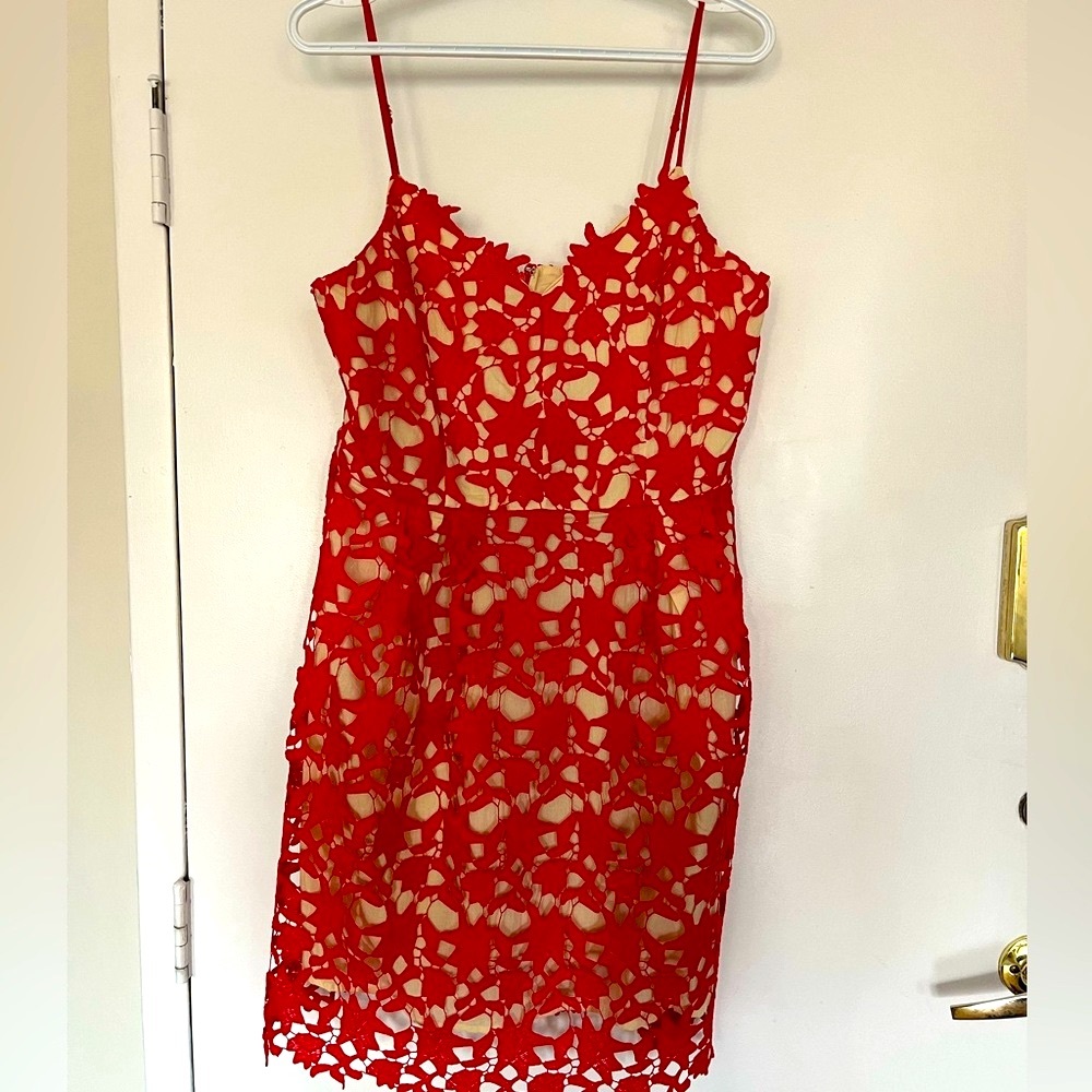 NWT Birdseye Red Lace Overlay Dress - Picture 1 of 6